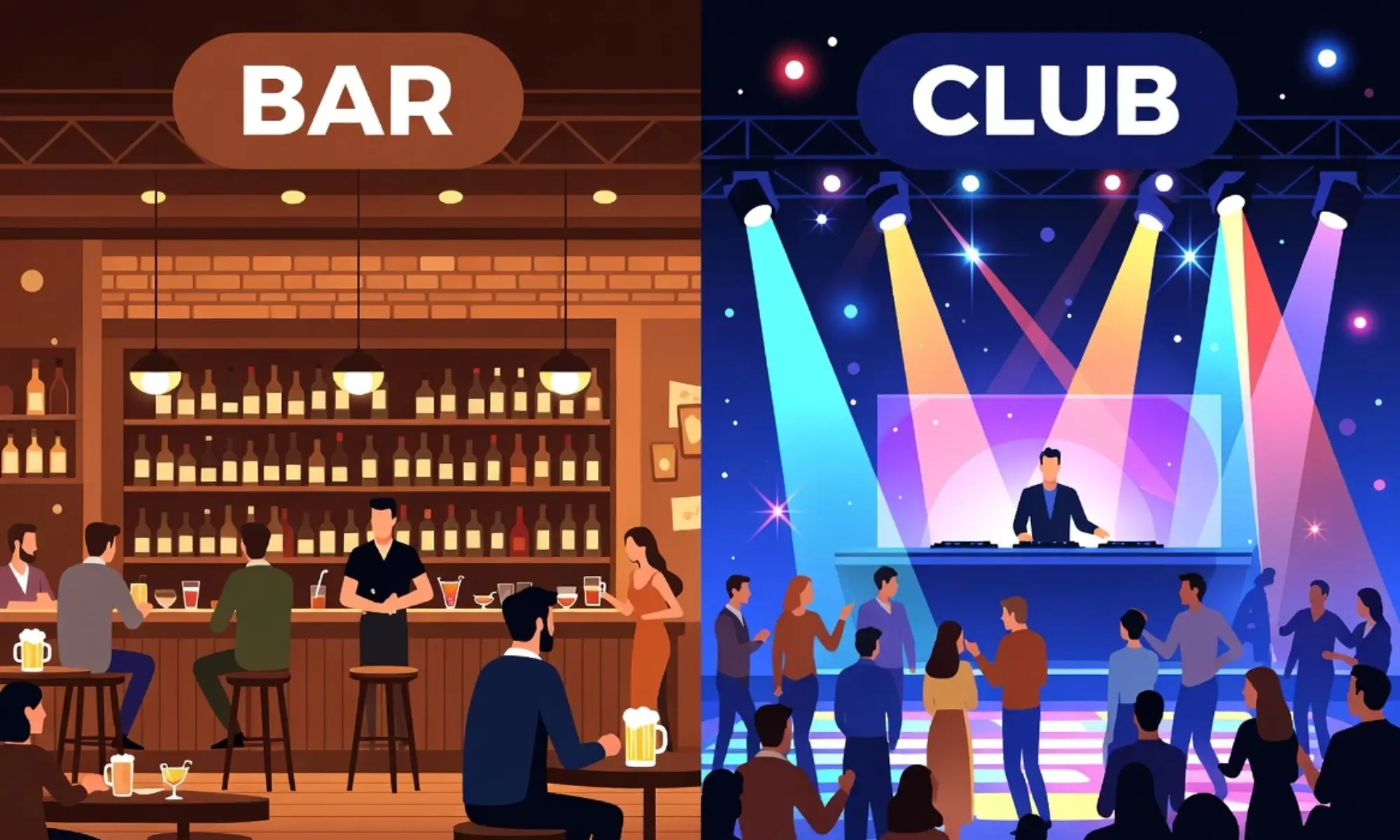 difference between bar and club