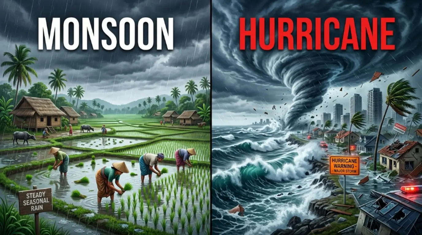 difference between monsoon and hurricane